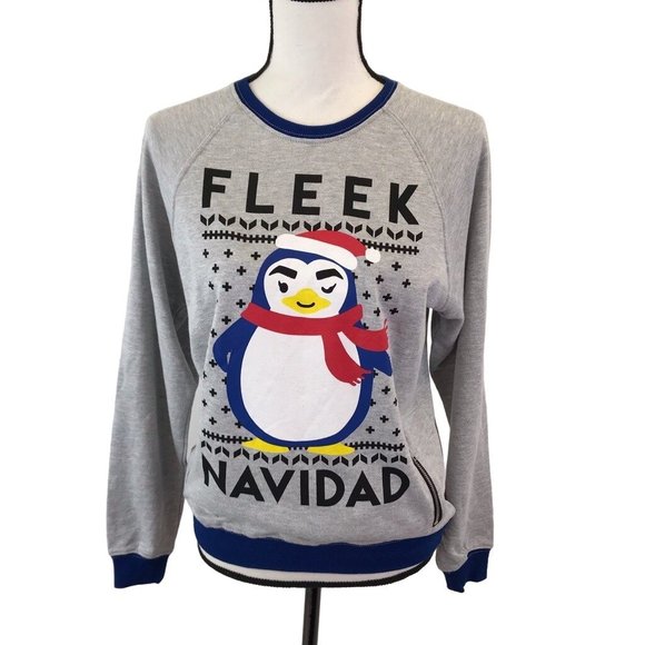 NWT Doe Womens Gray Fleek Navidad Penguin Christmas Long Sleeve Sweatshirt S - Picture 1 of 5